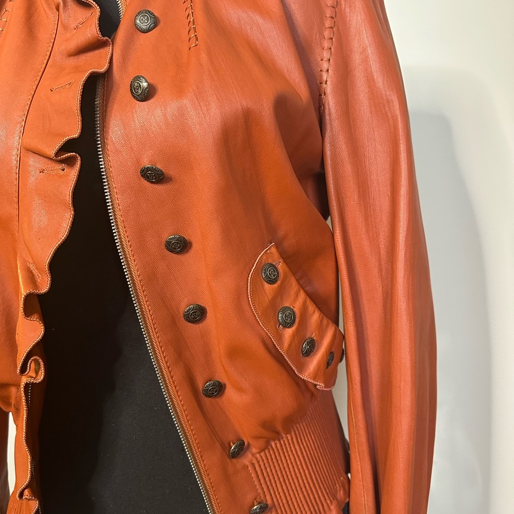 Vintage Cognac Leather Ruffle Peplum Jacket |Statement Jacket - Picture 7 of 15